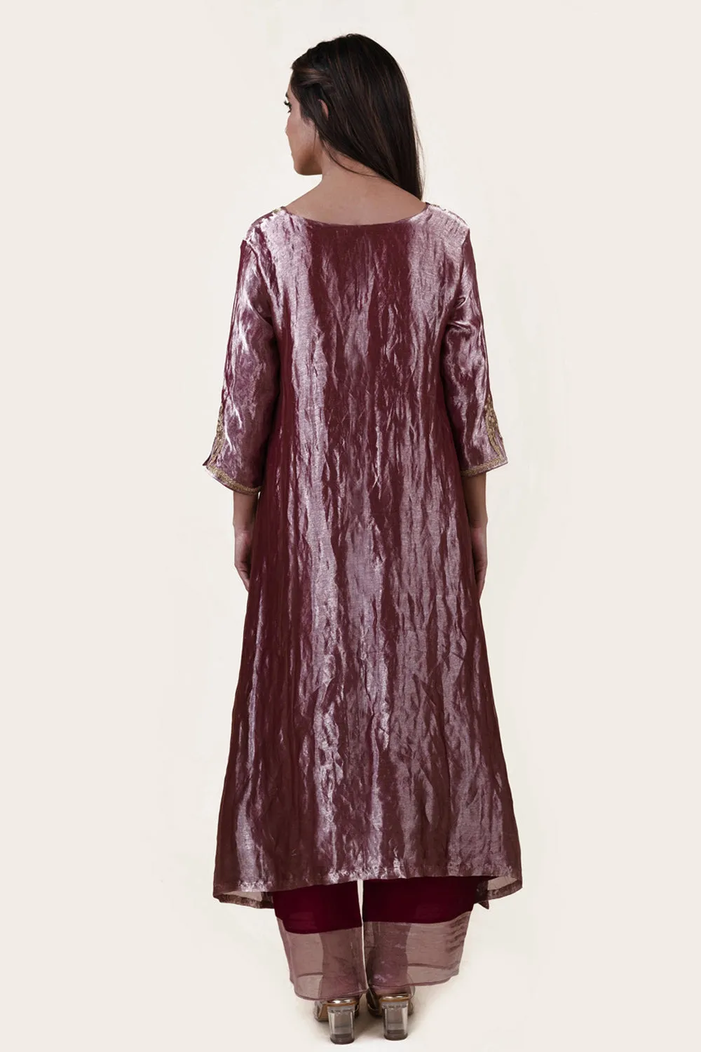 Embroidered Tissue A-Line Kurta And Slub Silk Pants Set