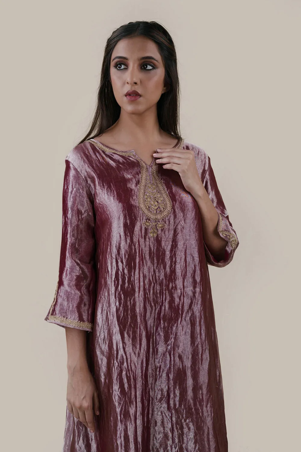 Embroidered Tissue A-Line Kurta And Slub Silk Pants Set