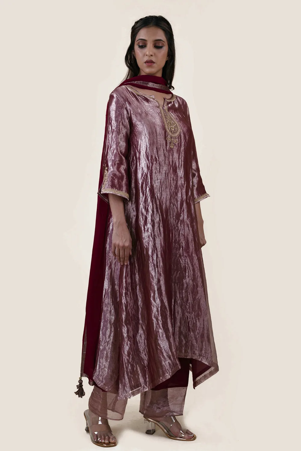 Embroidered Tissue A-Line Kurta And Slub Silk Pants Set