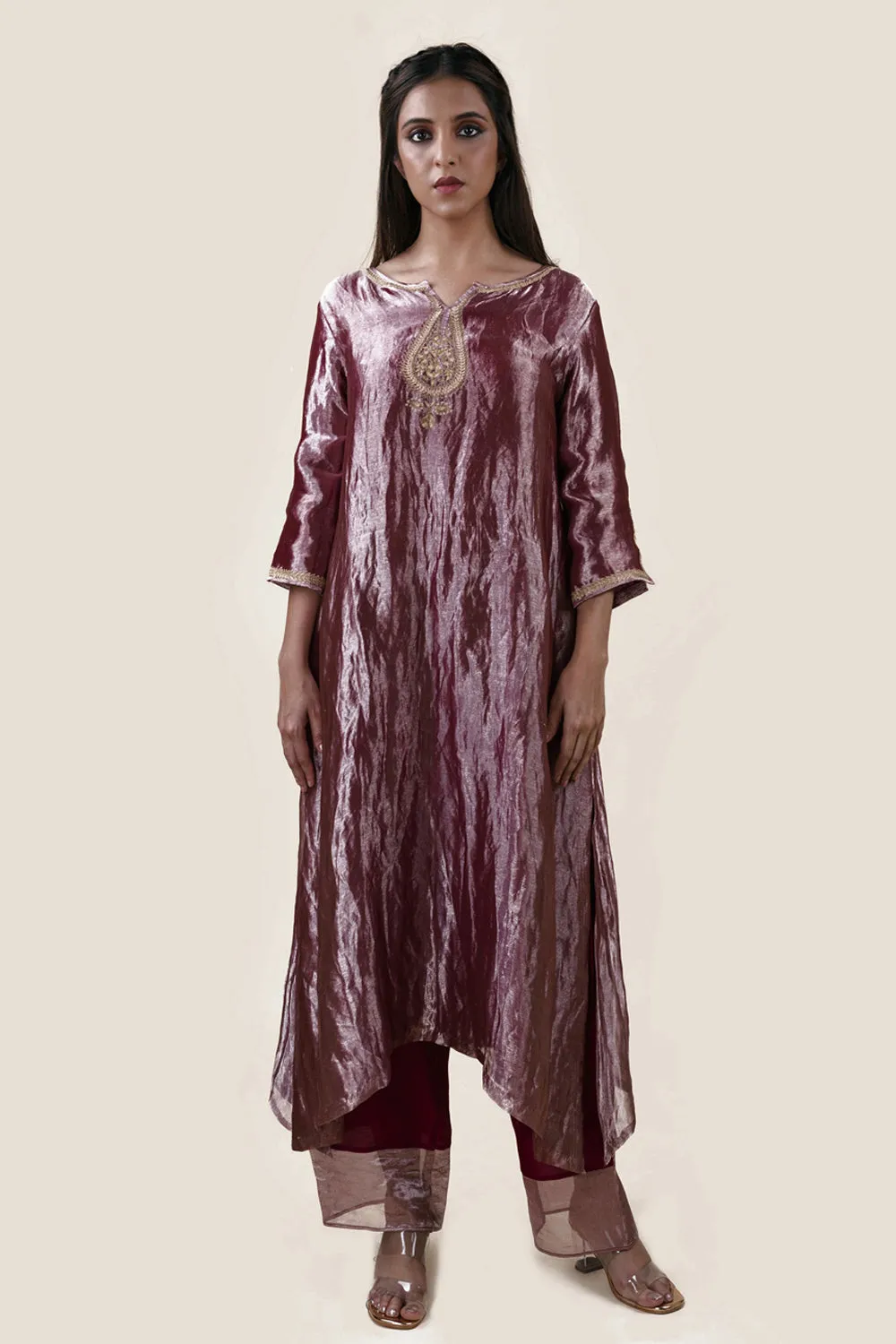 Embroidered Tissue A-Line Kurta And Slub Silk Pants Set