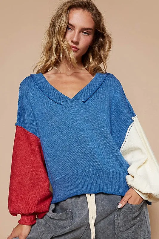 Exposed Seam Contrast V-Neck Lantern Sleeve Sweater