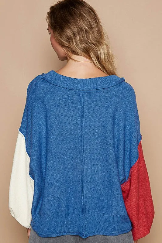 Exposed Seam Contrast V-Neck Lantern Sleeve Sweater