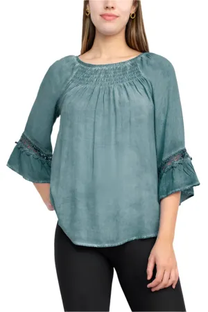 Floral   Ivy Round Neck 3/4 Sleeve Ruched Neck Rayon Top