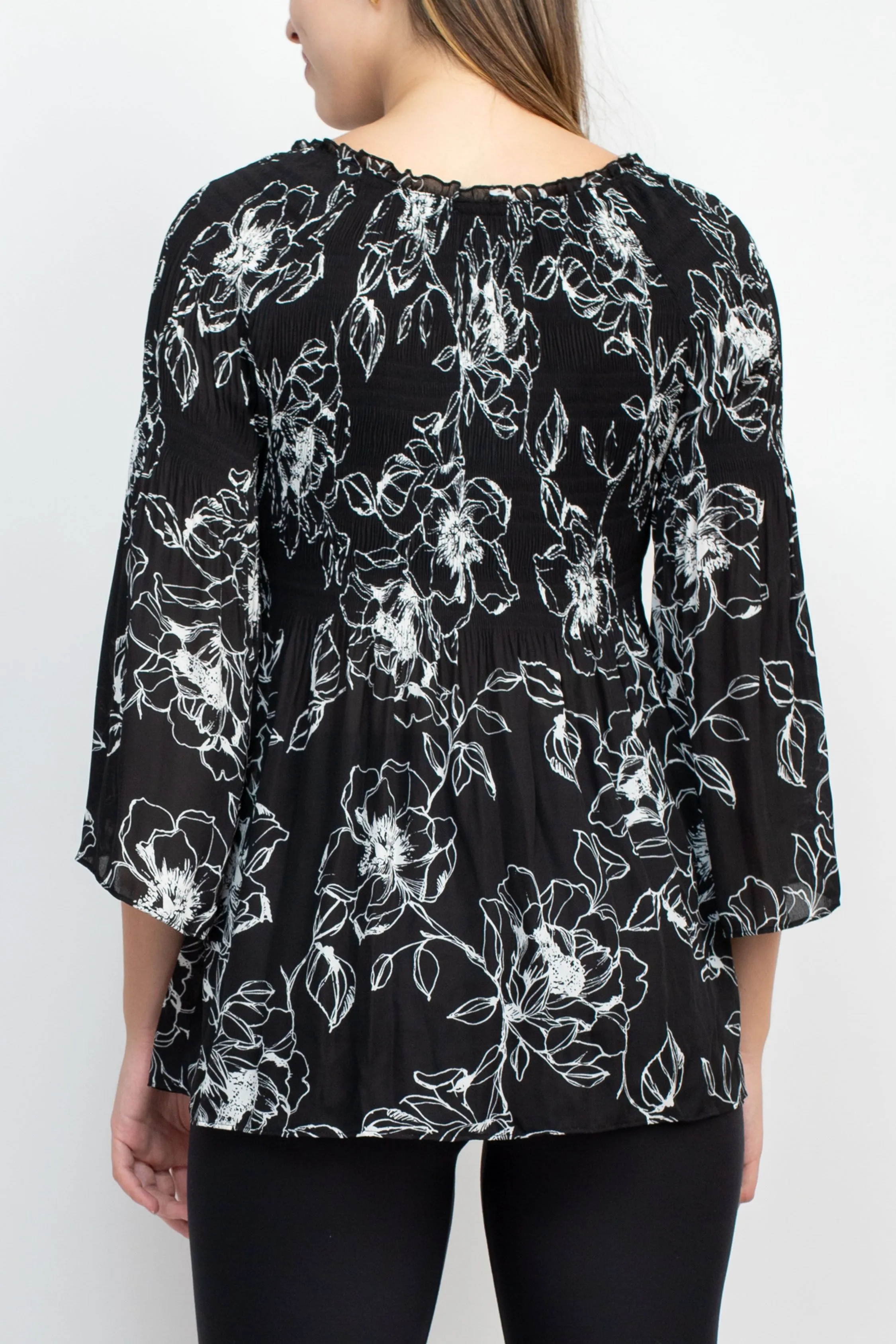 Floral   Ivy Scoop Neck 3/4 Sleeve Ruched Floral Print Top