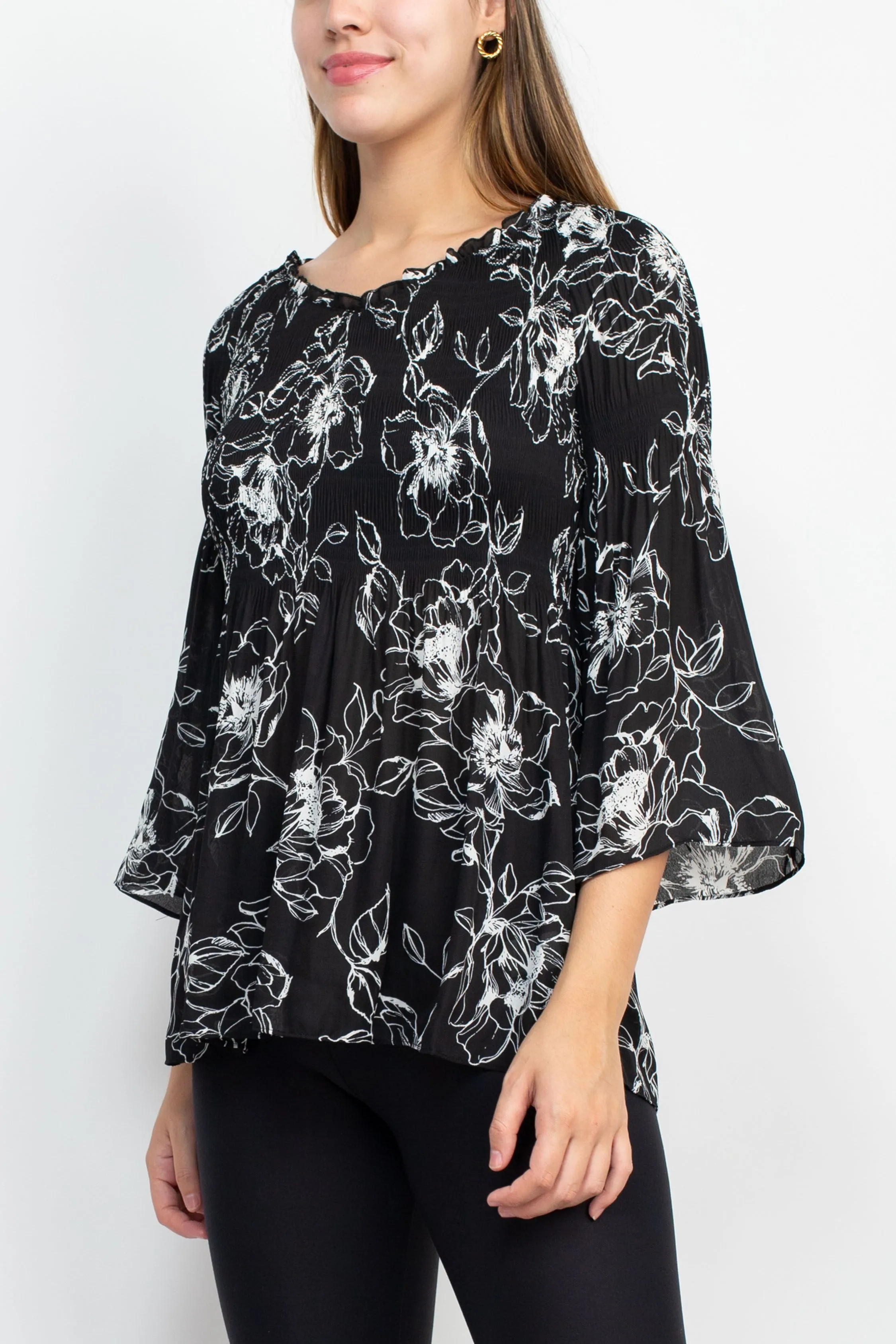 Floral   Ivy Scoop Neck 3/4 Sleeve Ruched Floral Print Top