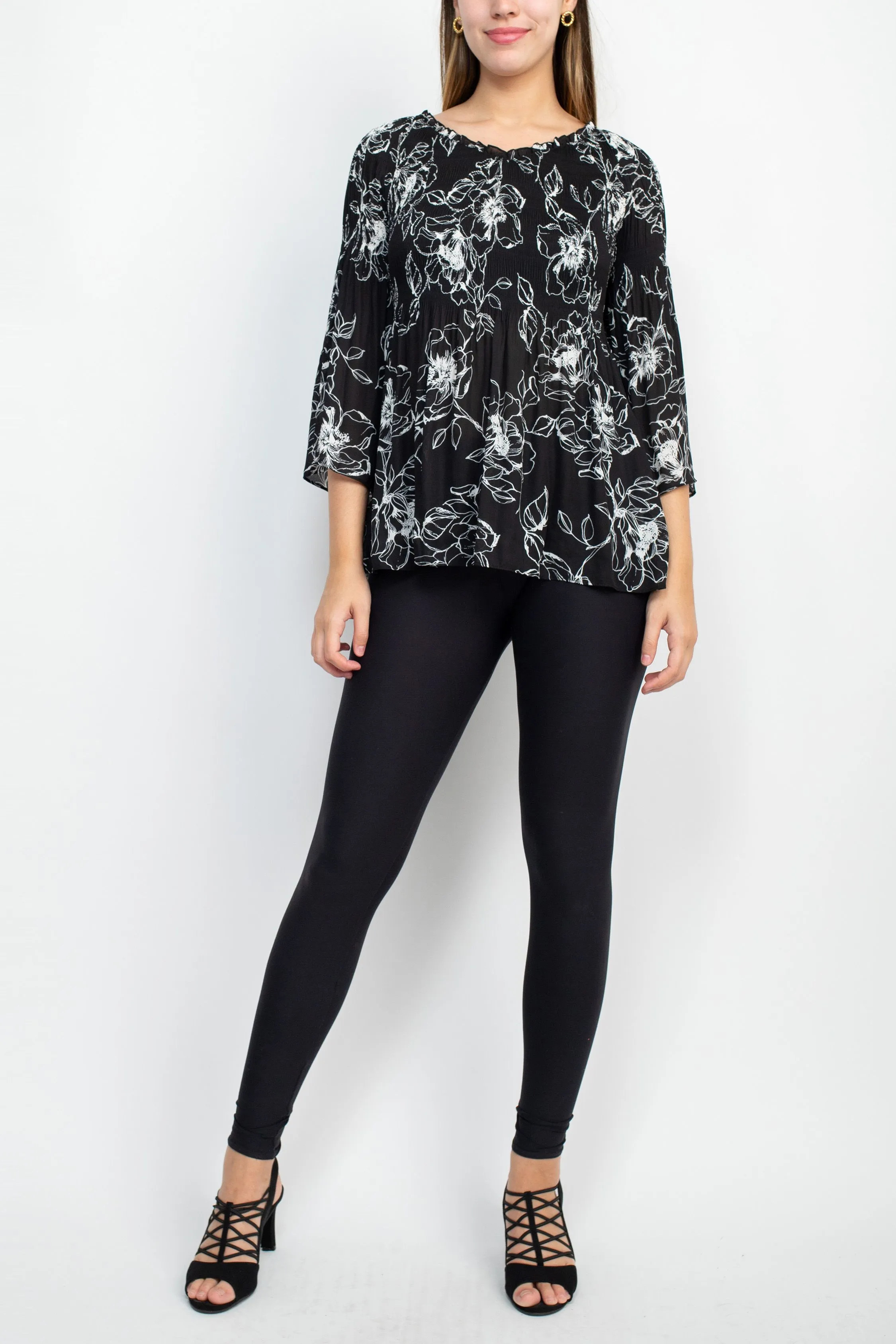 Floral   Ivy Scoop Neck 3/4 Sleeve Ruched Floral Print Top