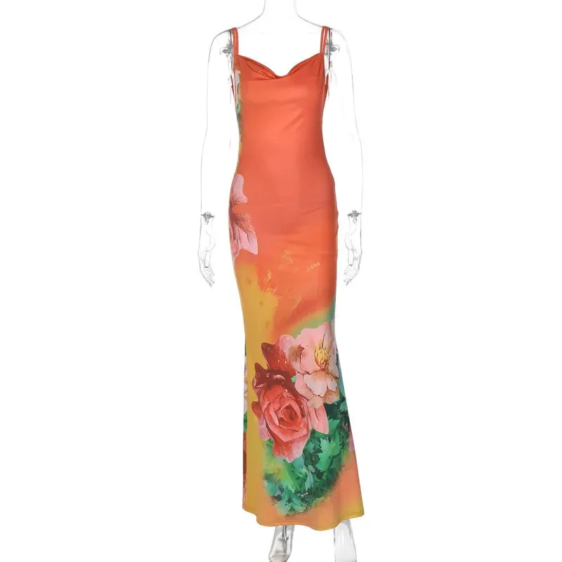 Floral Spaghetti Straps Sleeveless Backless Maxi Dress for Summer Evening