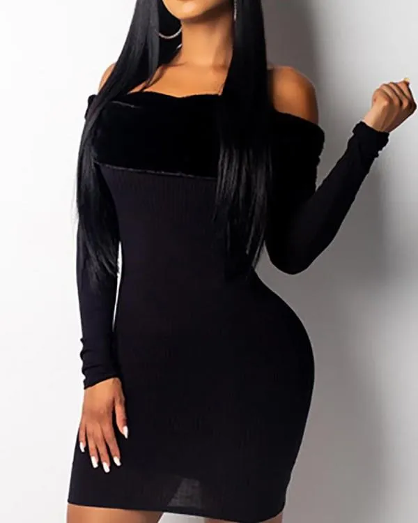 Fluffy Fold-Over Off Shoulder Bodycon Dress