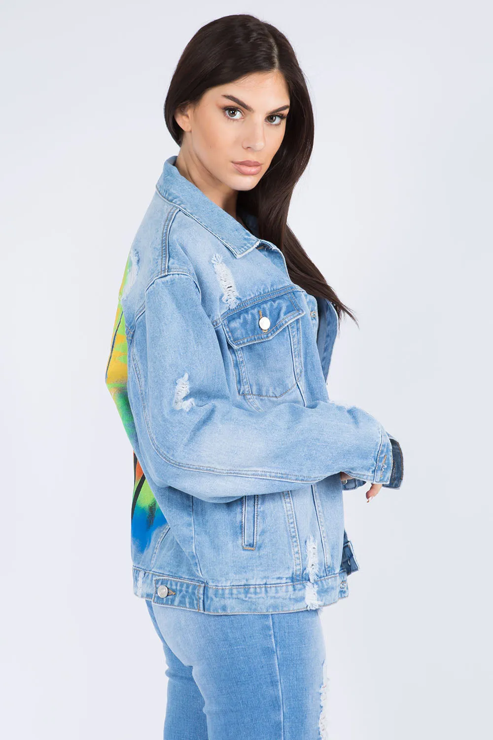 Full Size Painted Back Distressed Denim Jacket