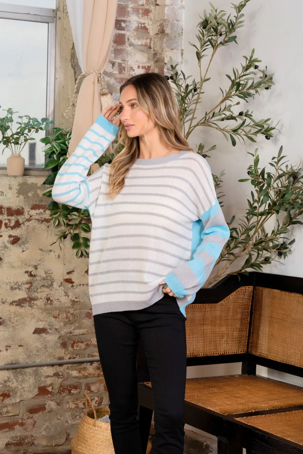 Full Size Striped Dropped Shoulder Sweater