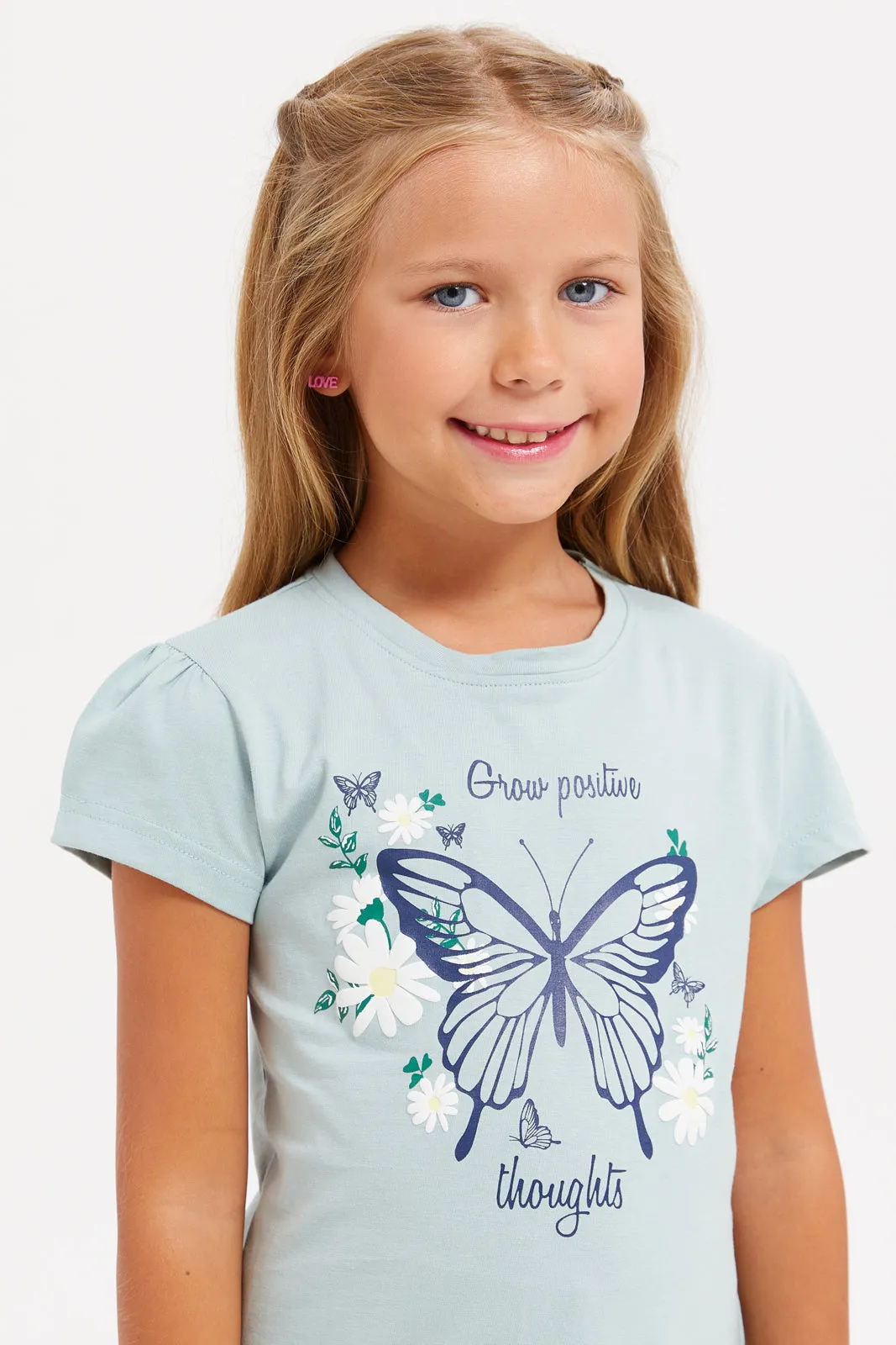 Girls Mint Butterfly Print T-Shirt