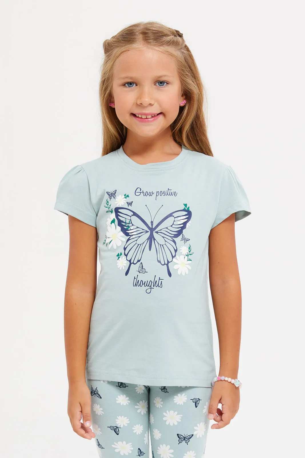 Girls Mint Butterfly Print T-Shirt