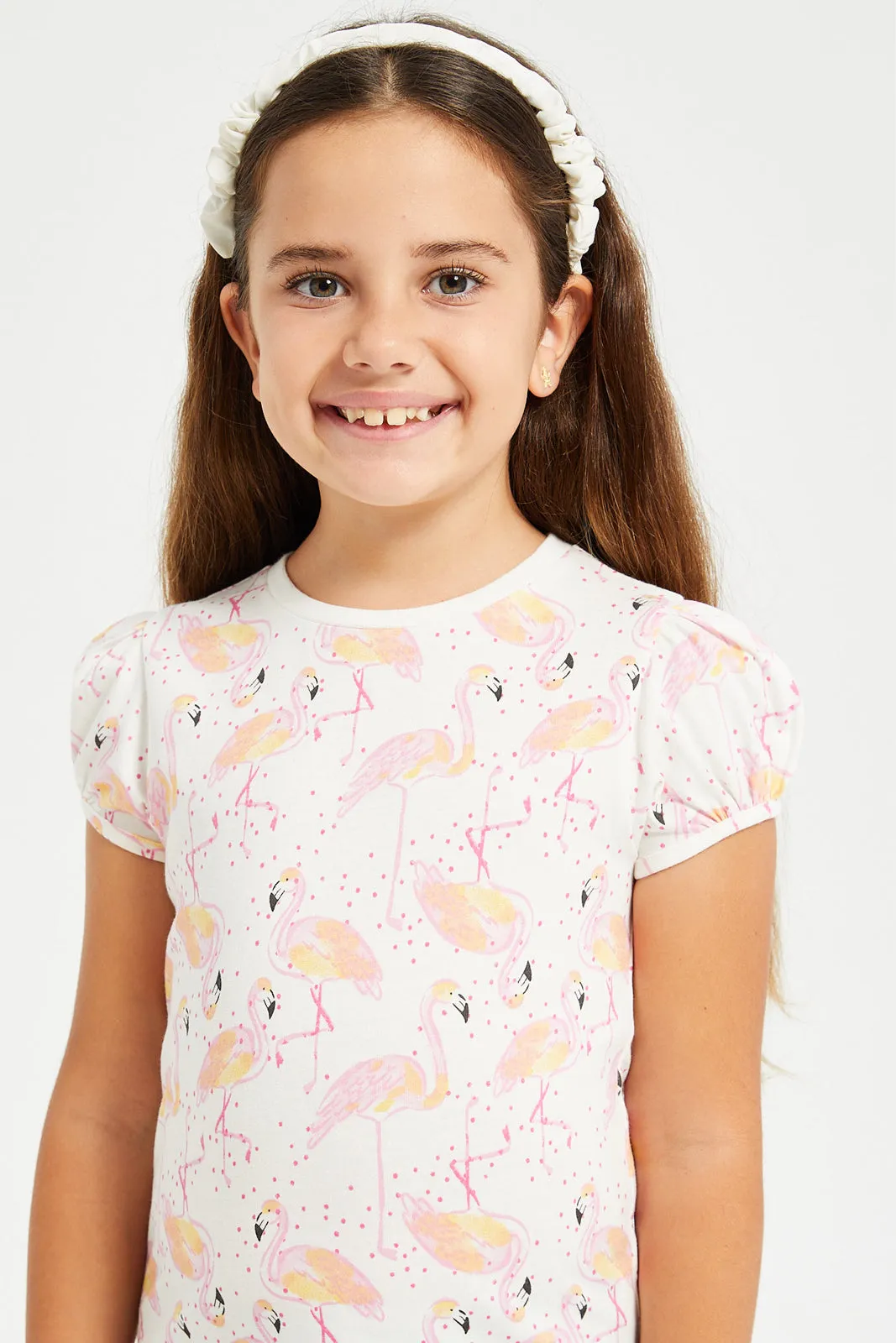 Girls White Flamingo Print T-Shirt