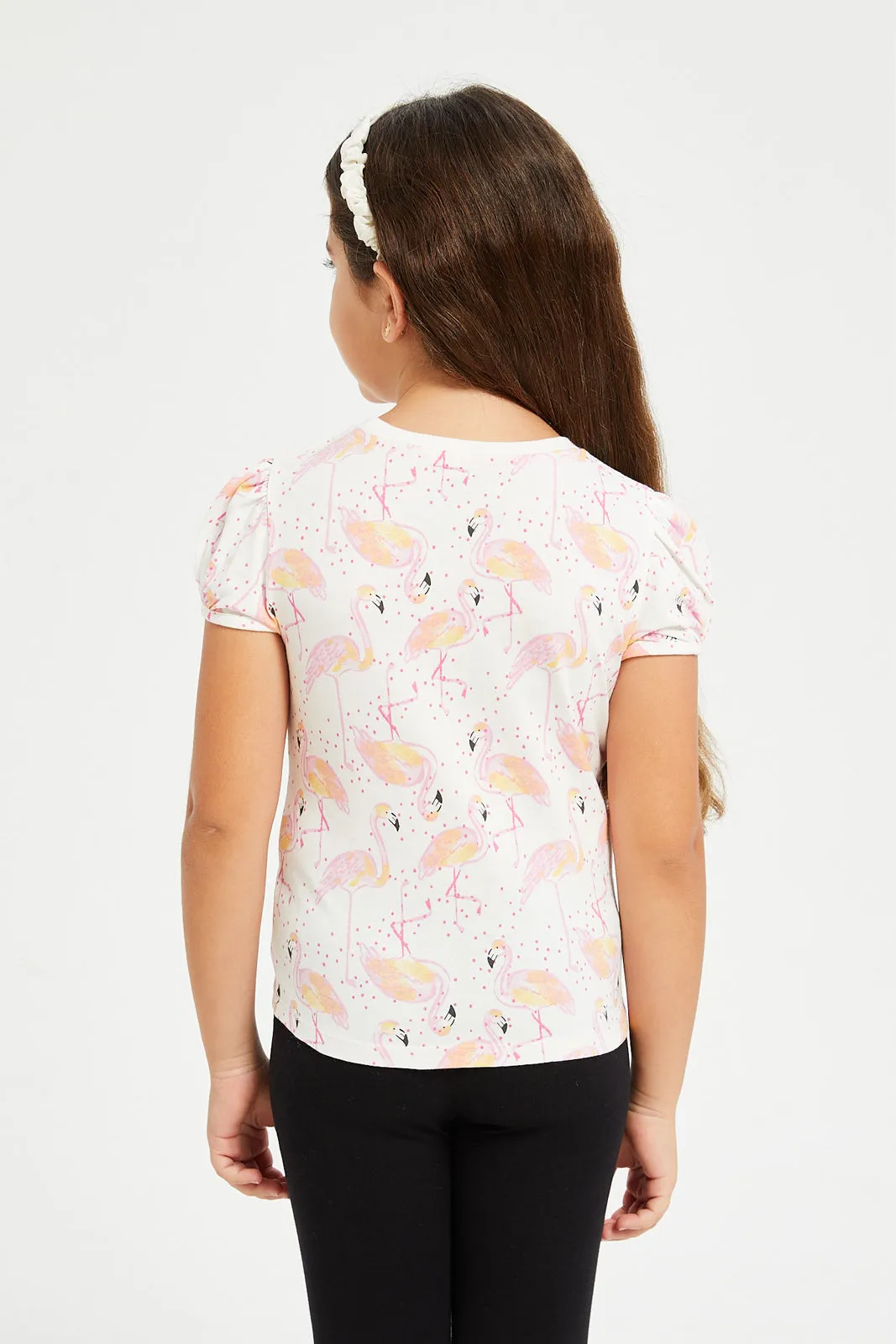 Girls White Flamingo Print T-Shirt