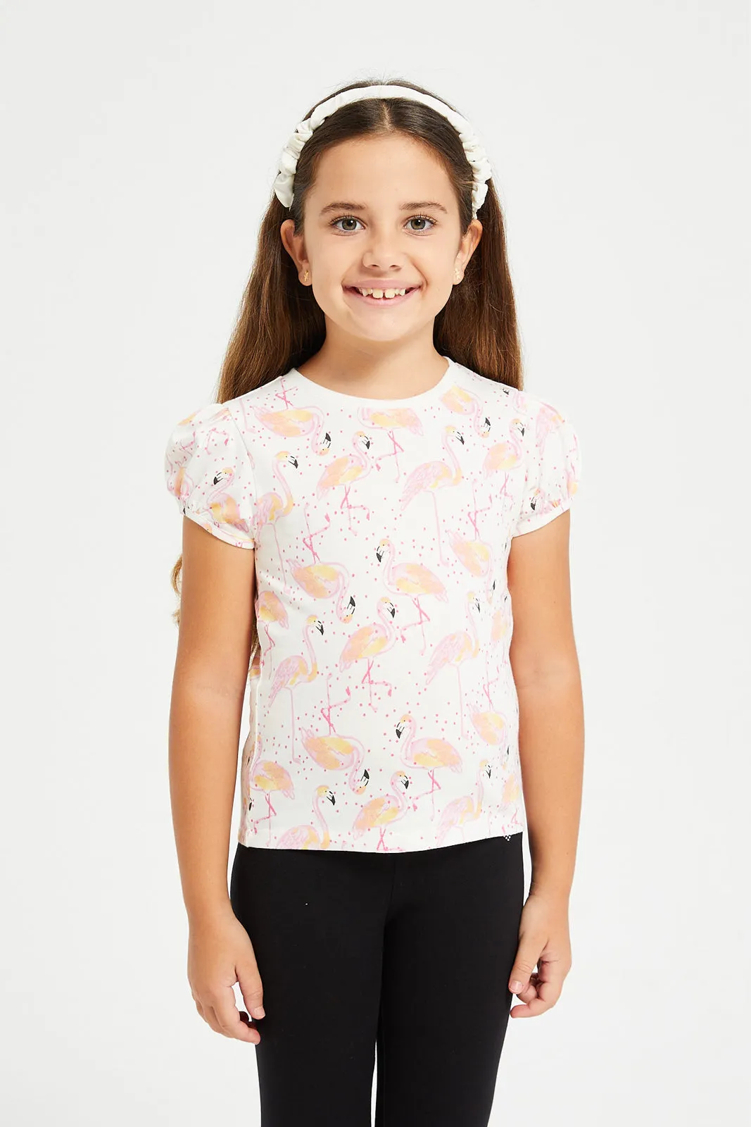 Girls White Flamingo Print T-Shirt