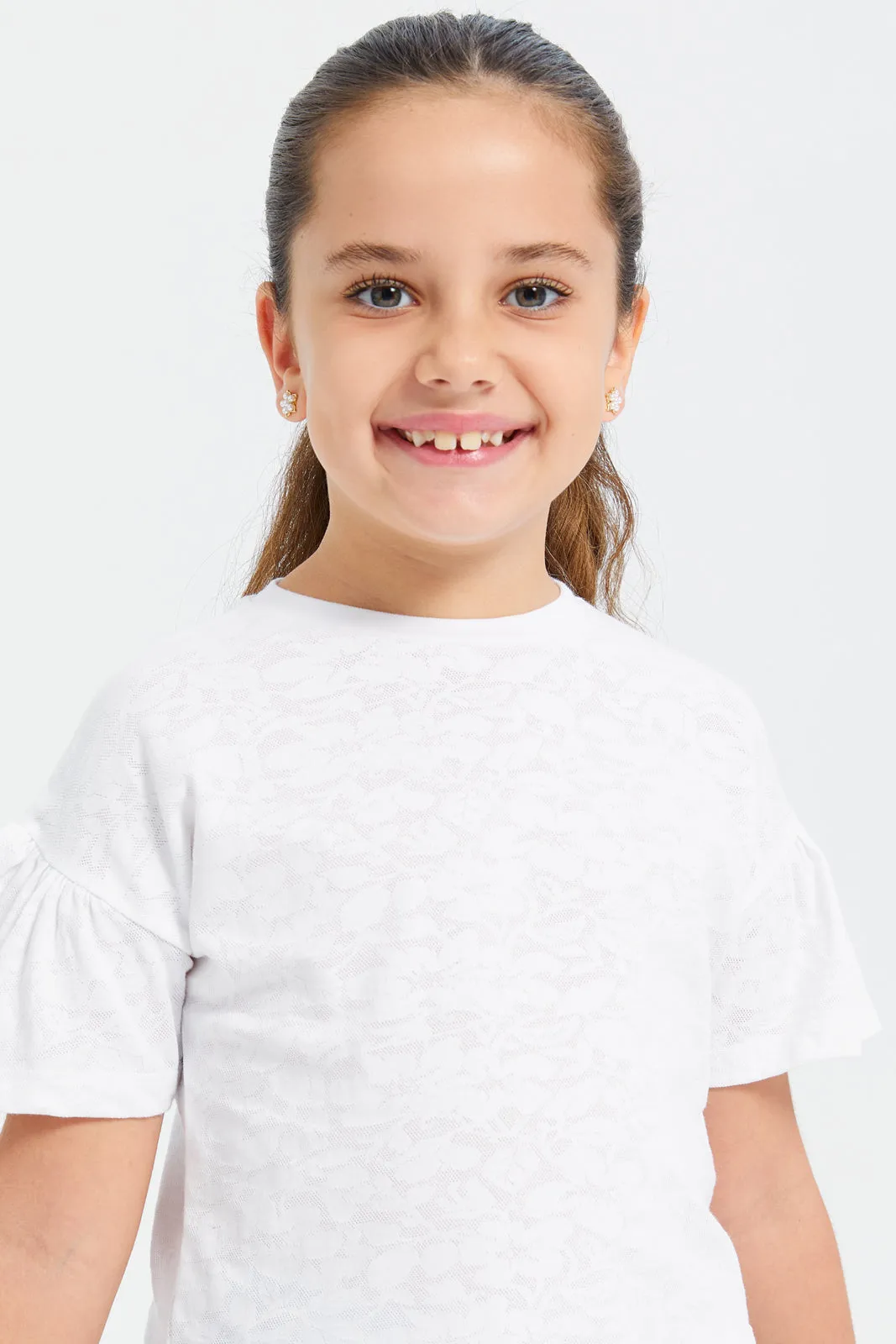 Girls White Jacquard T-Shirt