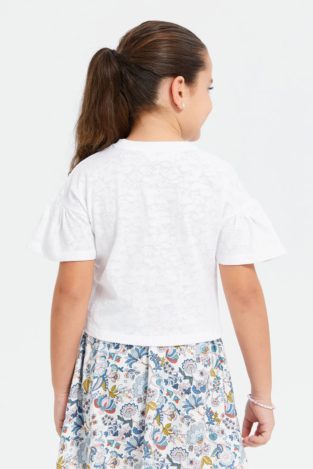 Girls White Jacquard T-Shirt