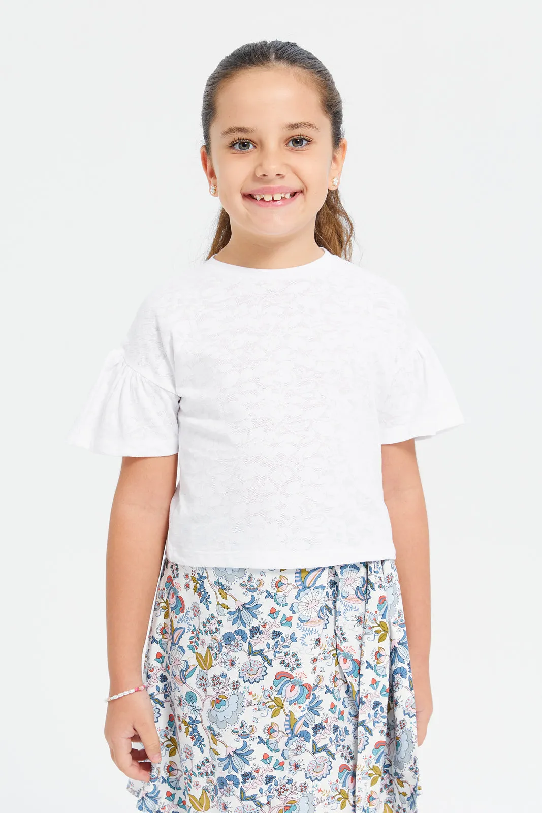 Girls White Jacquard T-Shirt