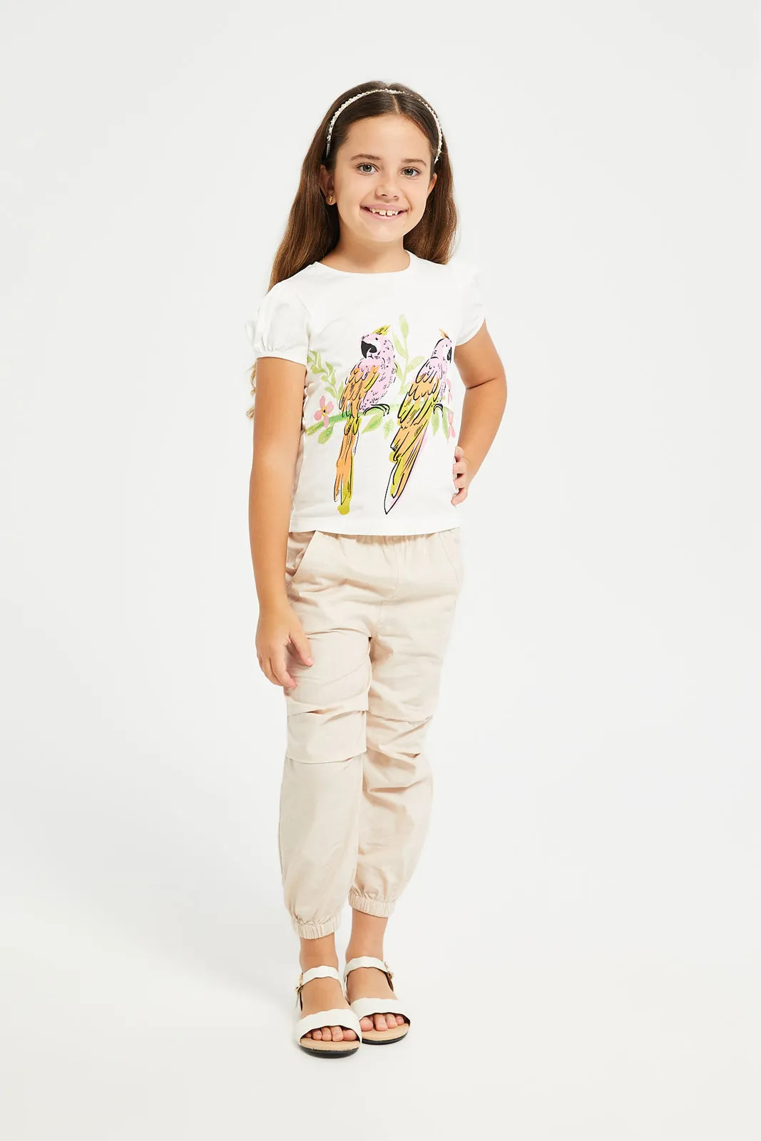 Girls White Parrots Print T-Shirt