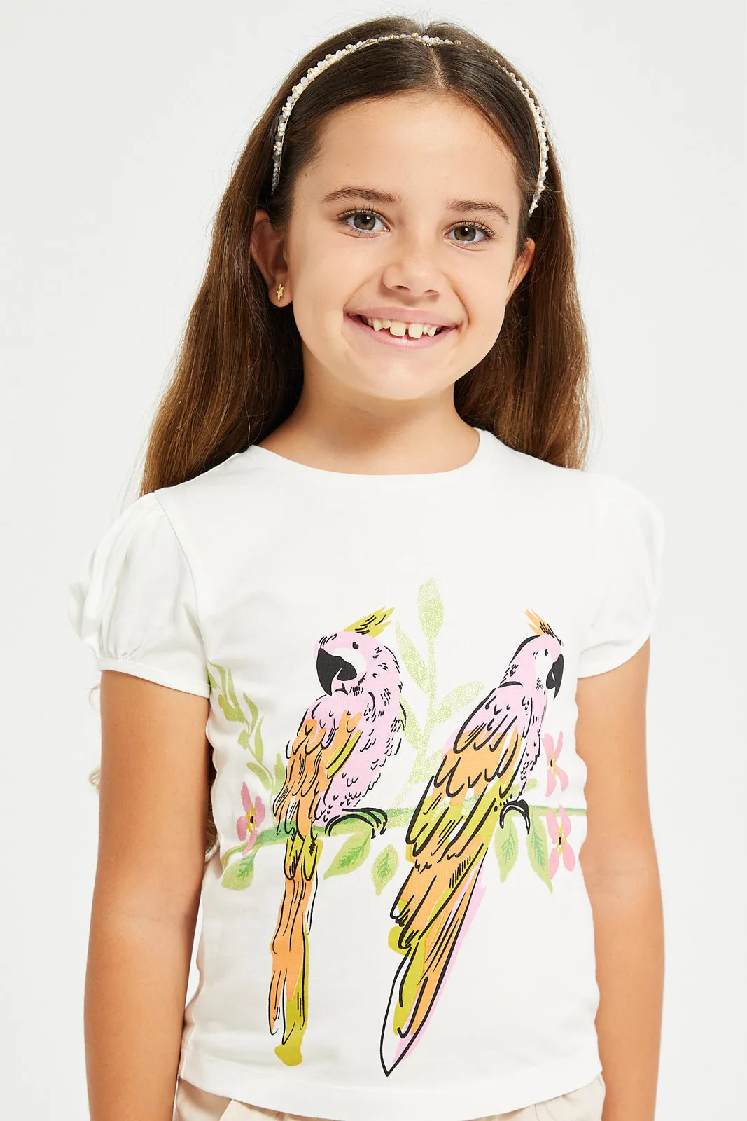 Girls White Parrots Print T-Shirt