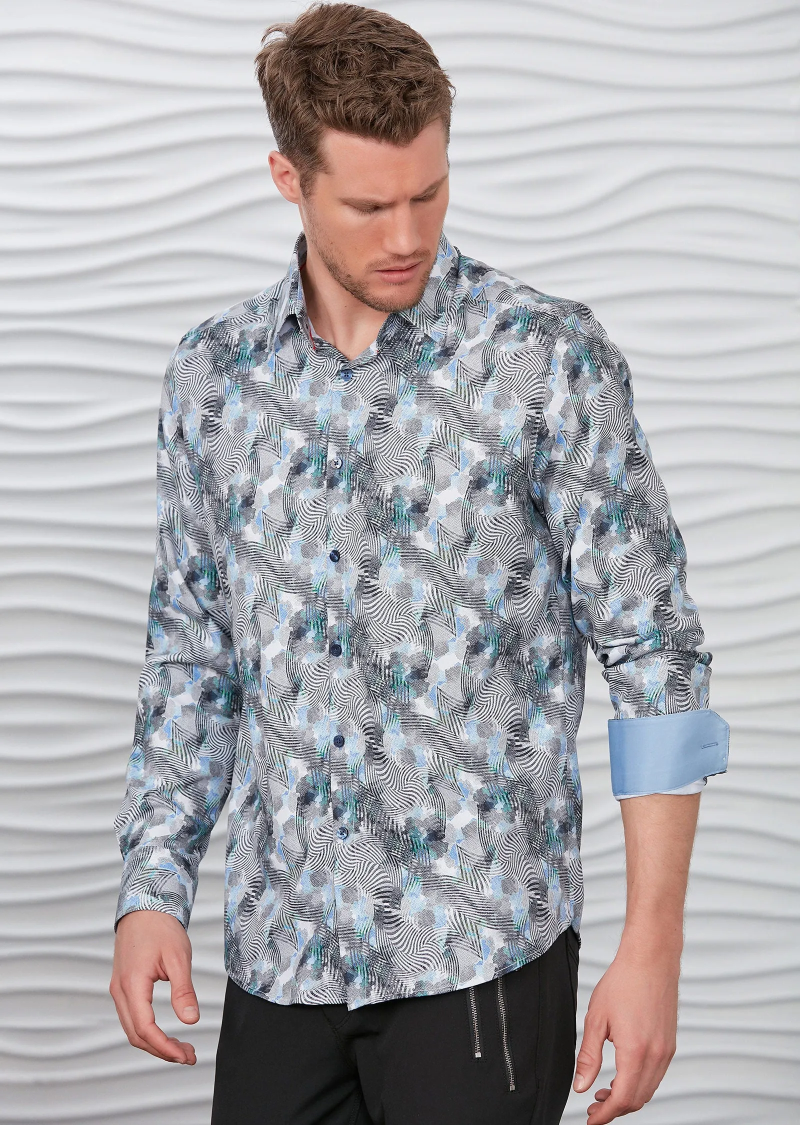 Gray Abstract Silky Long Sleeve Shirt