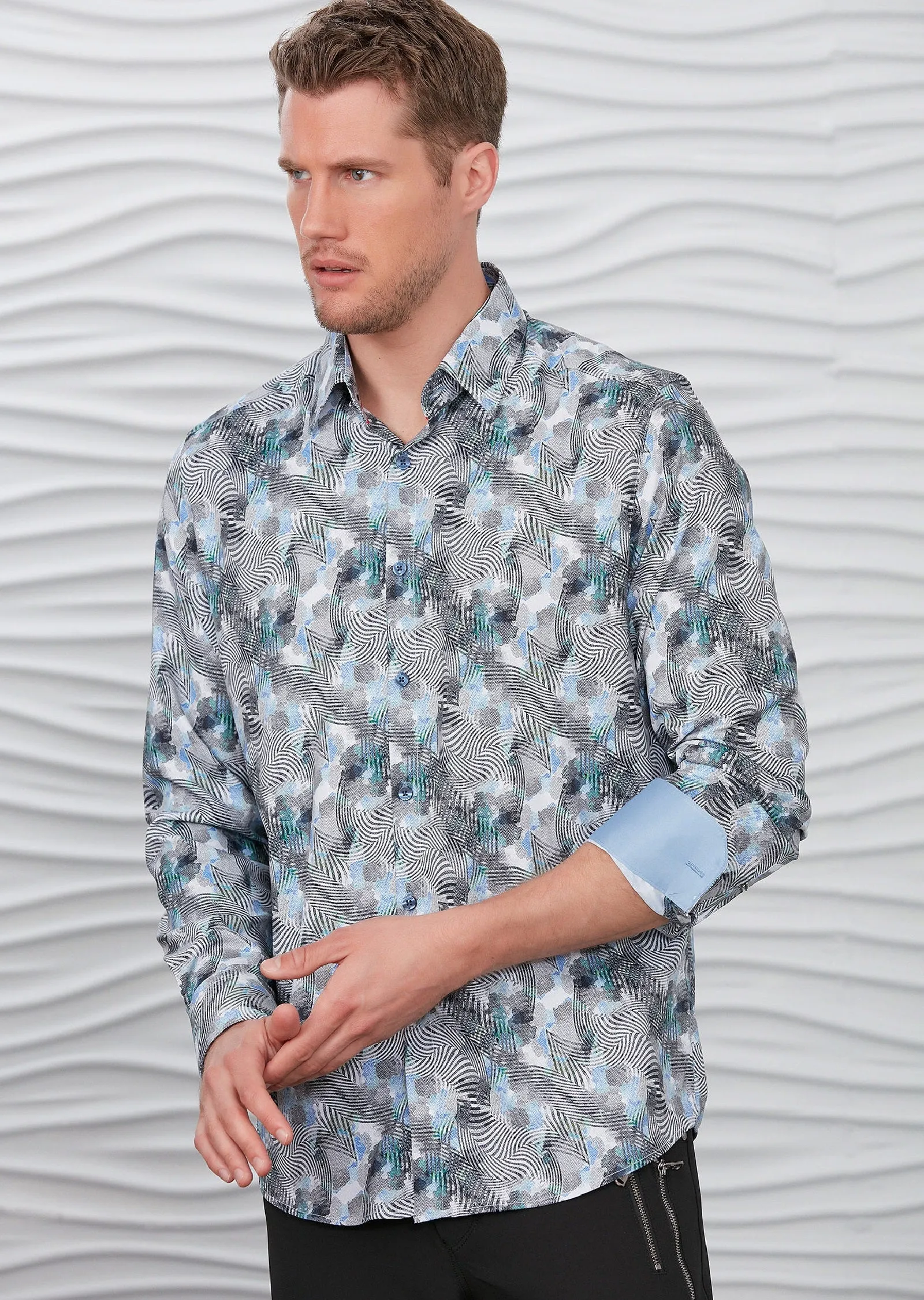 Gray Abstract Silky Long Sleeve Shirt