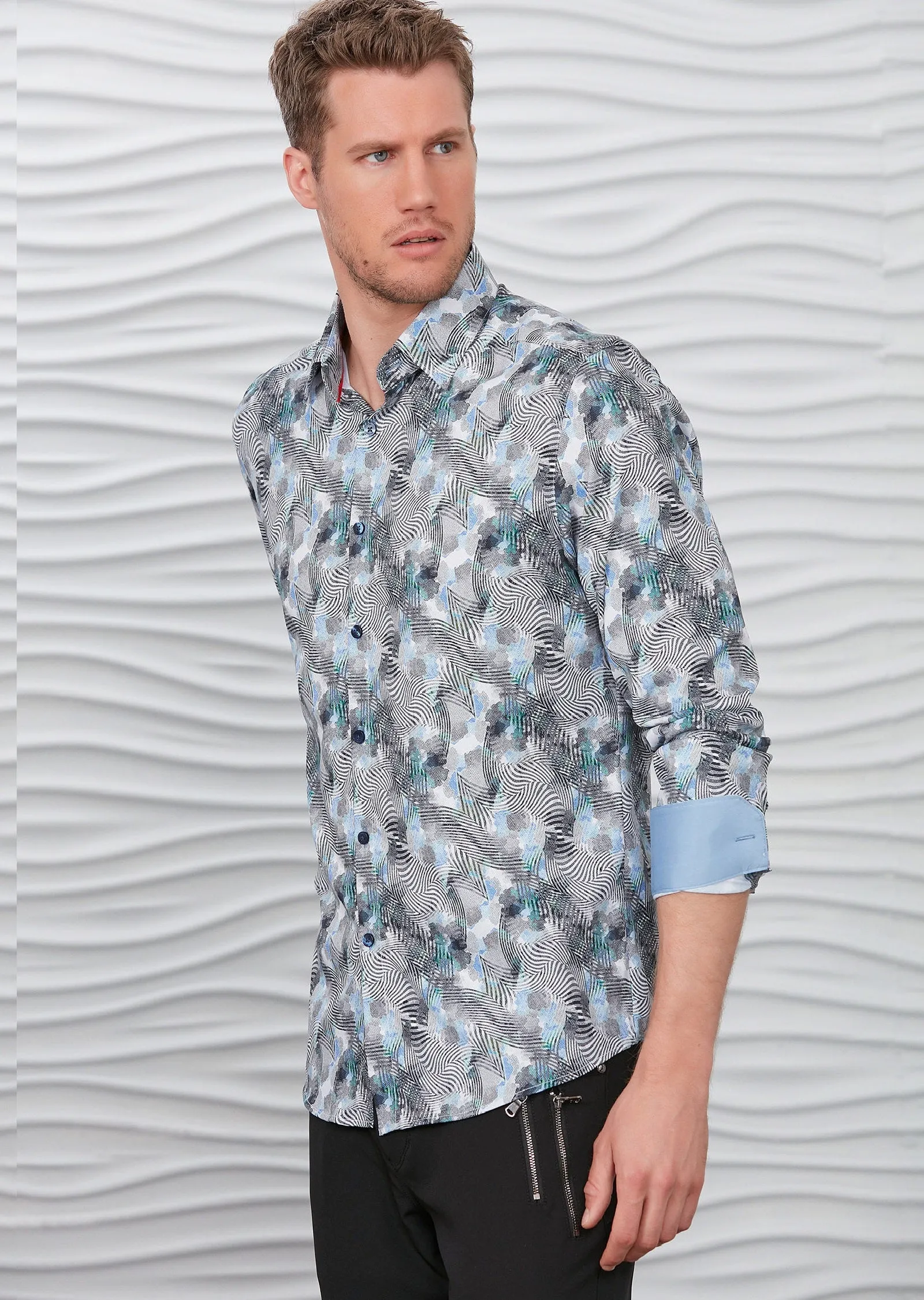 Gray Abstract Silky Long Sleeve Shirt