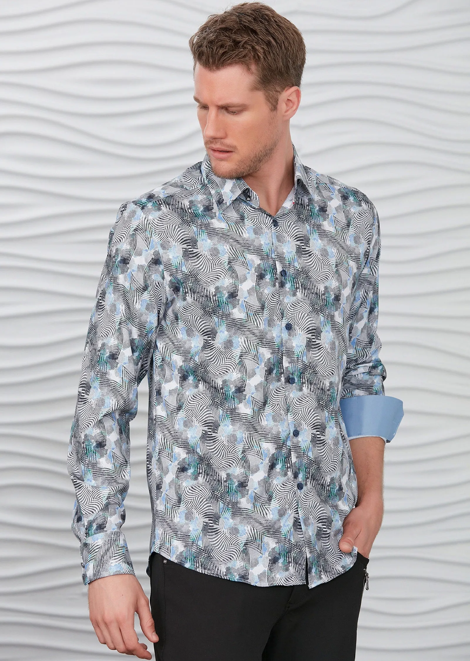 Gray Abstract Silky Long Sleeve Shirt