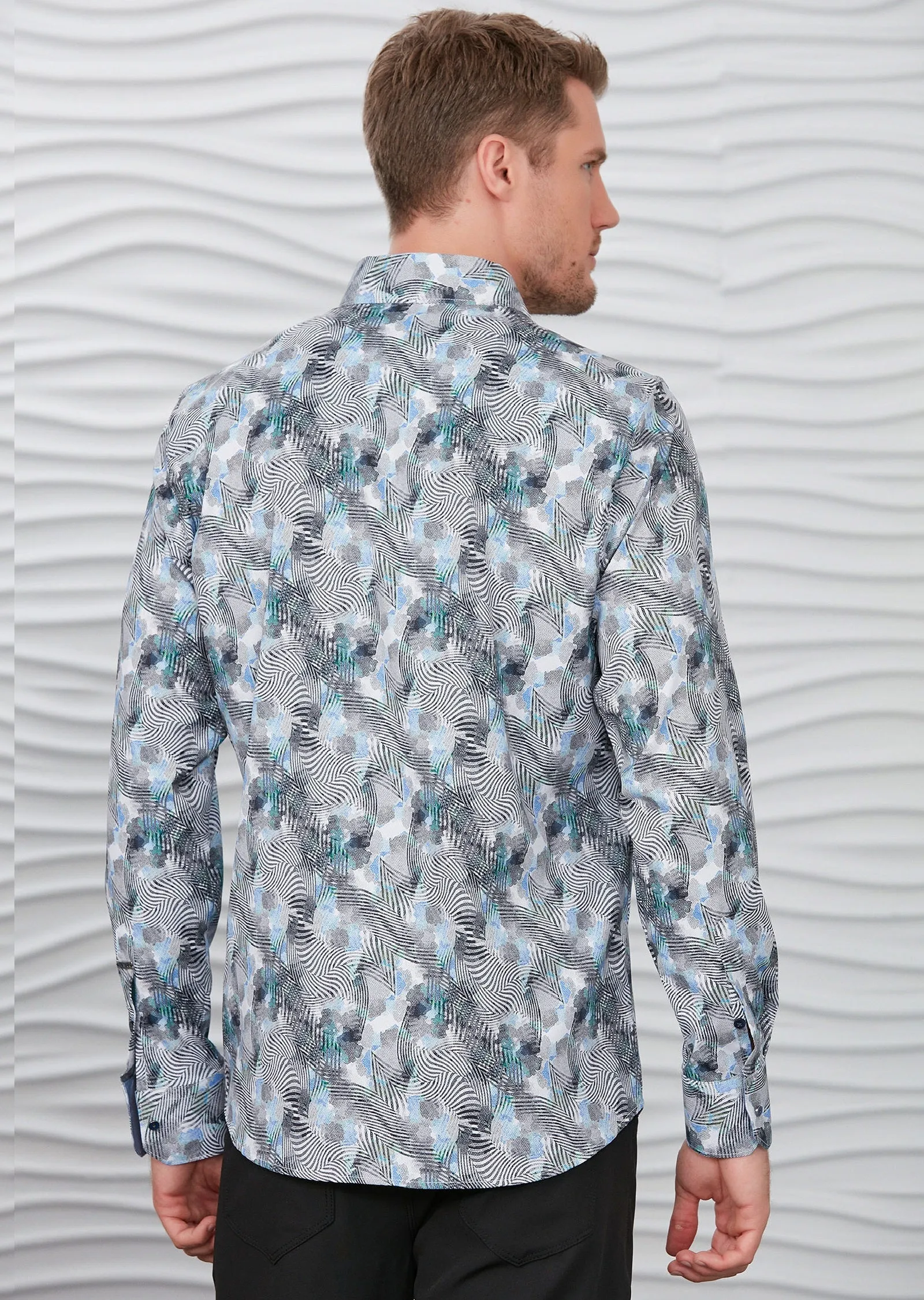 Gray Abstract Silky Long Sleeve Shirt