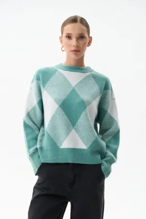 Green Diamond Pattern Knit Sweater