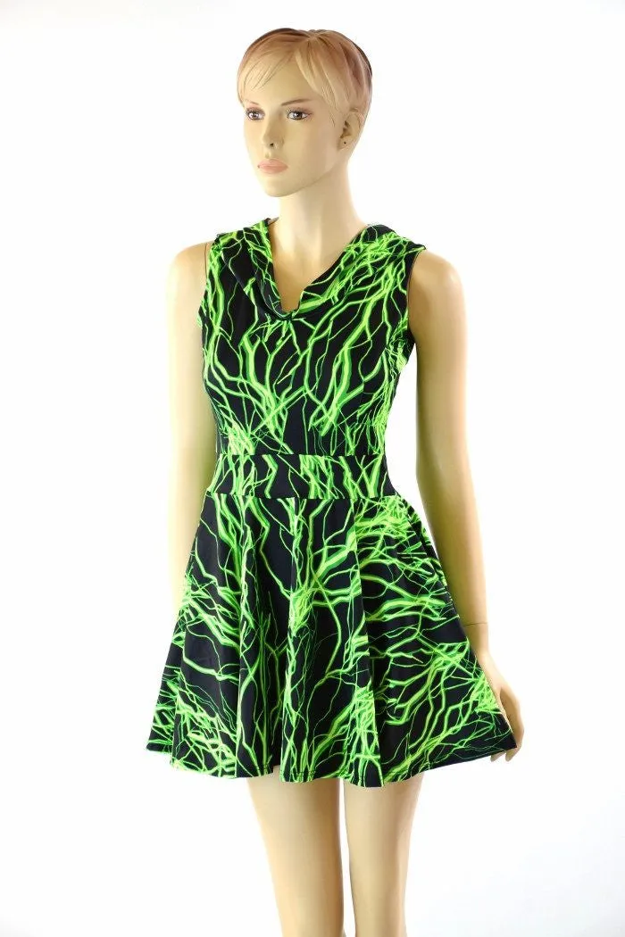 Green Lightning Pocket Hoodie Skater Dress