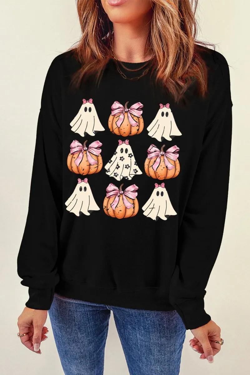 Halloween Black Bowknot Ghost Pumpkin Graphic Sweatshirt