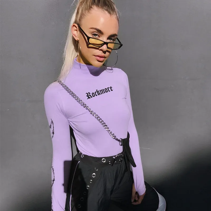 Harajuku Crop Top Long Sleeve Turtleneck Woman Tshirts Autumn Purple Graphic Tees Women Print Slim Basic Kawaii Tshirt