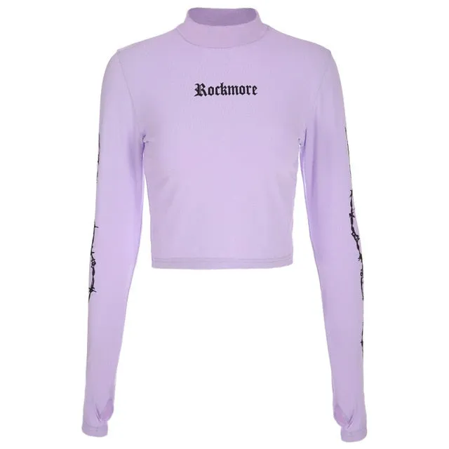 Harajuku Crop Top Long Sleeve Turtleneck Woman Tshirts Autumn Purple Graphic Tees Women Print Slim Basic Kawaii Tshirt