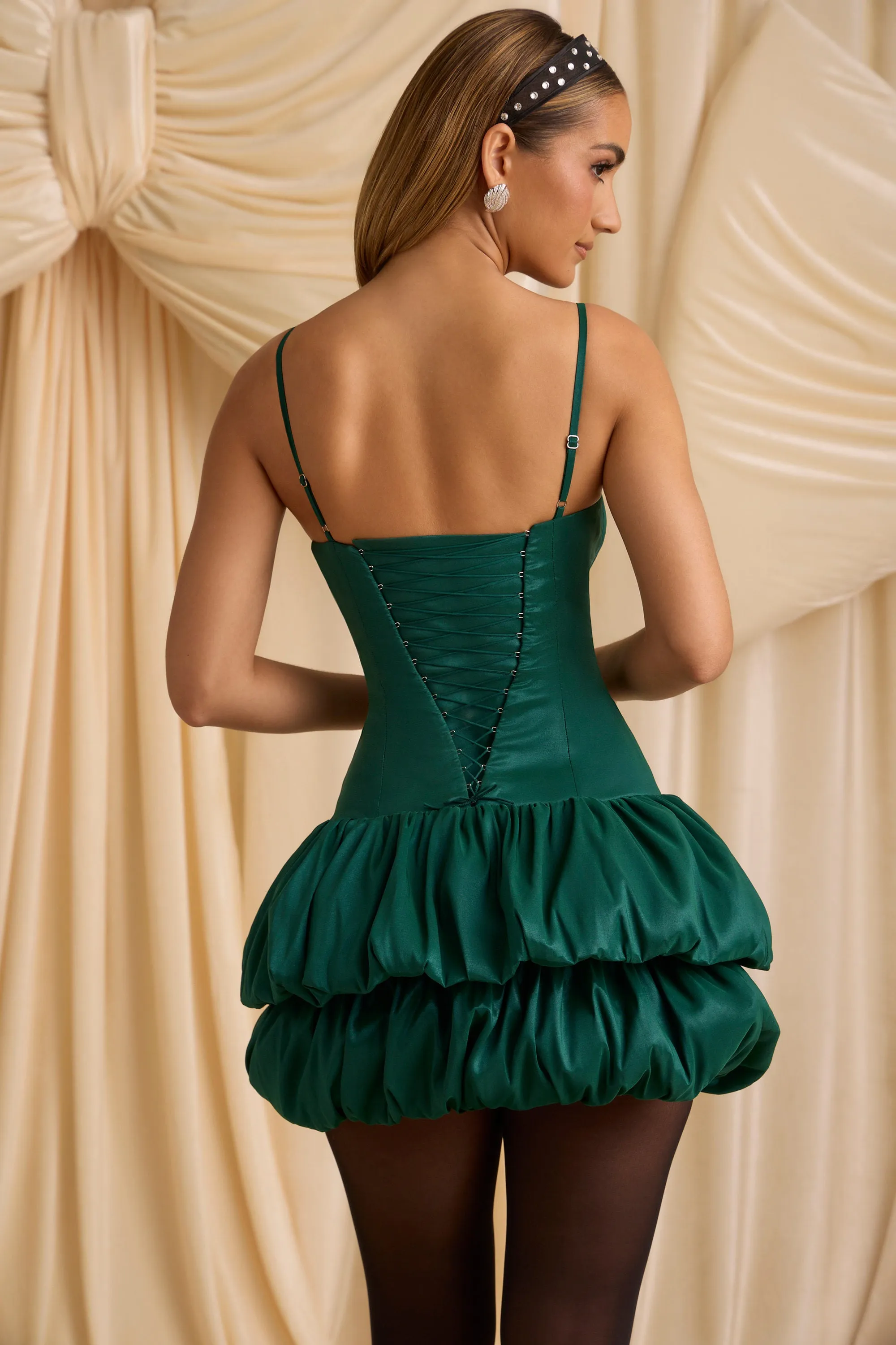 Layered Bubble Hem Corset Mini Dress in Emerald Green