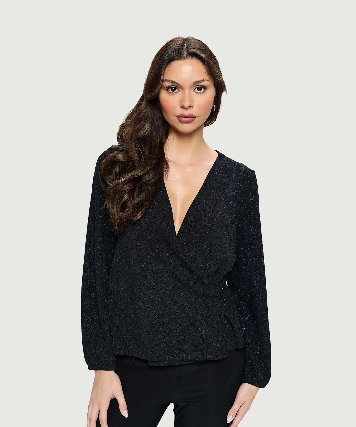 Long Sleeve Crossover Surplice Top | Black Sparkle