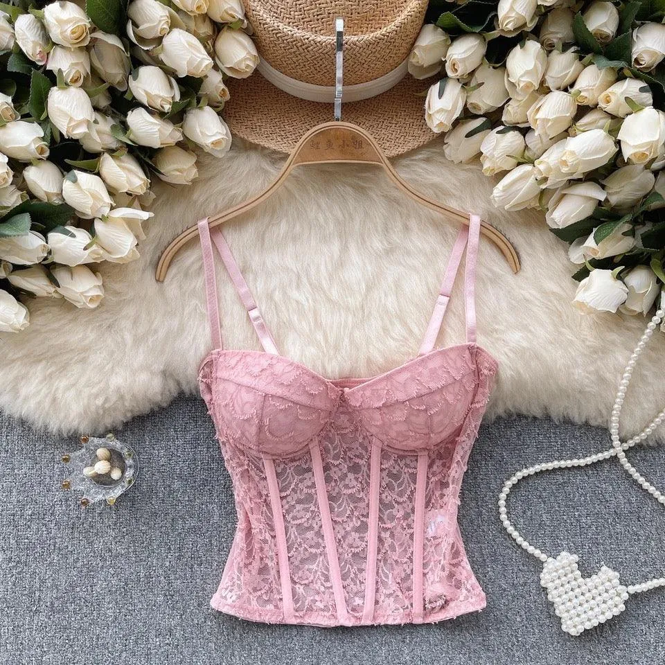 Louvre Corset Mesh Top in Pink