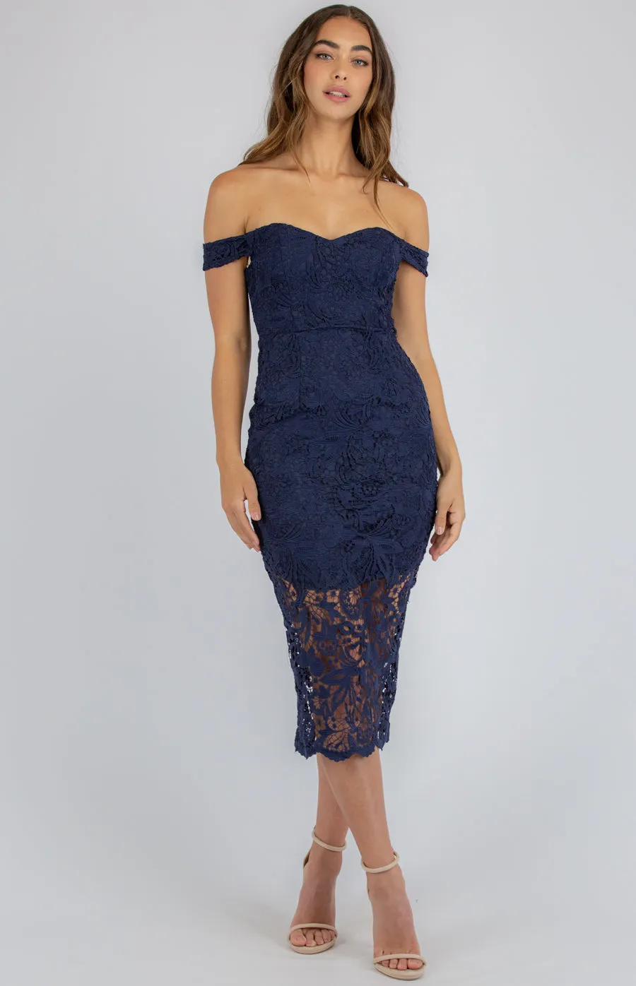 Love Heart Neckline Lace Bodycon Midi Dress