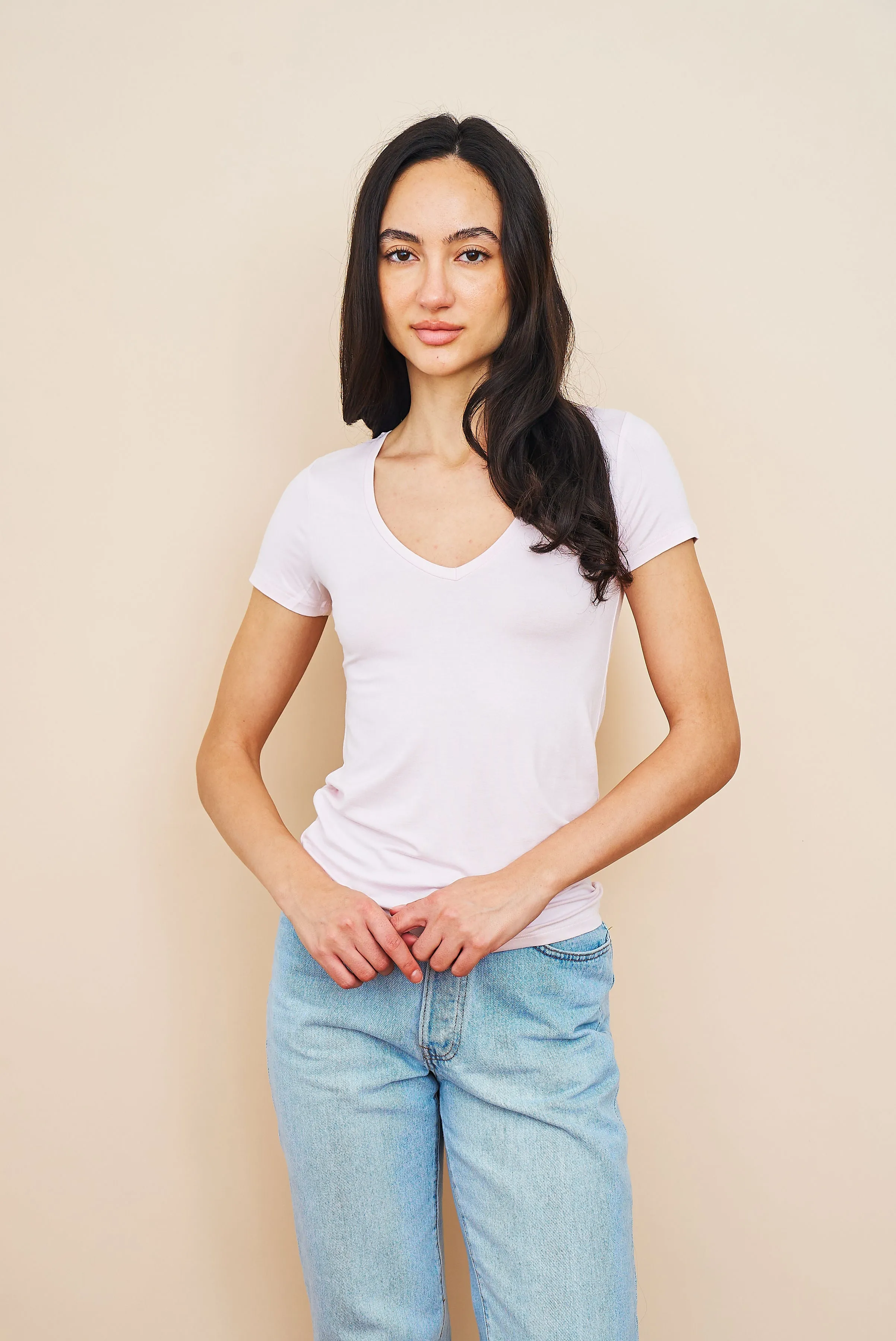 Majestic Short Sleeve V-Neck Tee in Petale