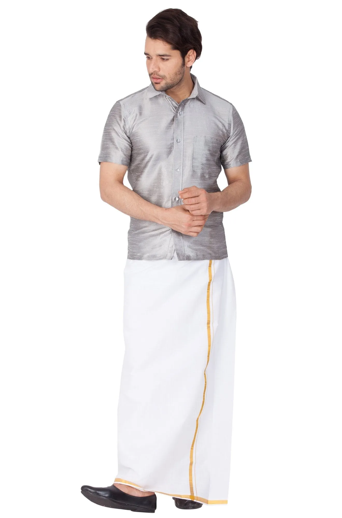 Men's Grey Cotton Silk Blend Ethnic Shirt - Vastramay