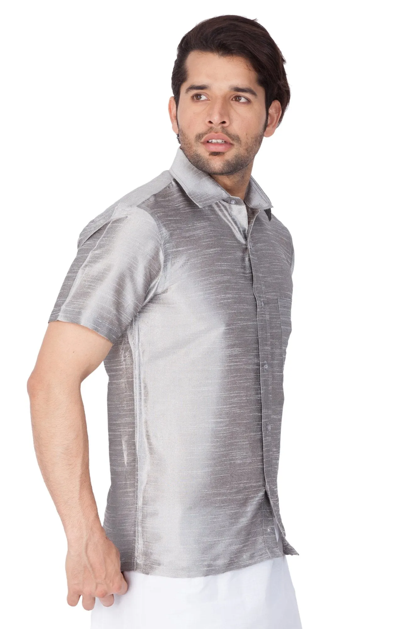 Men's Grey Cotton Silk Blend Ethnic Shirt - Vastramay