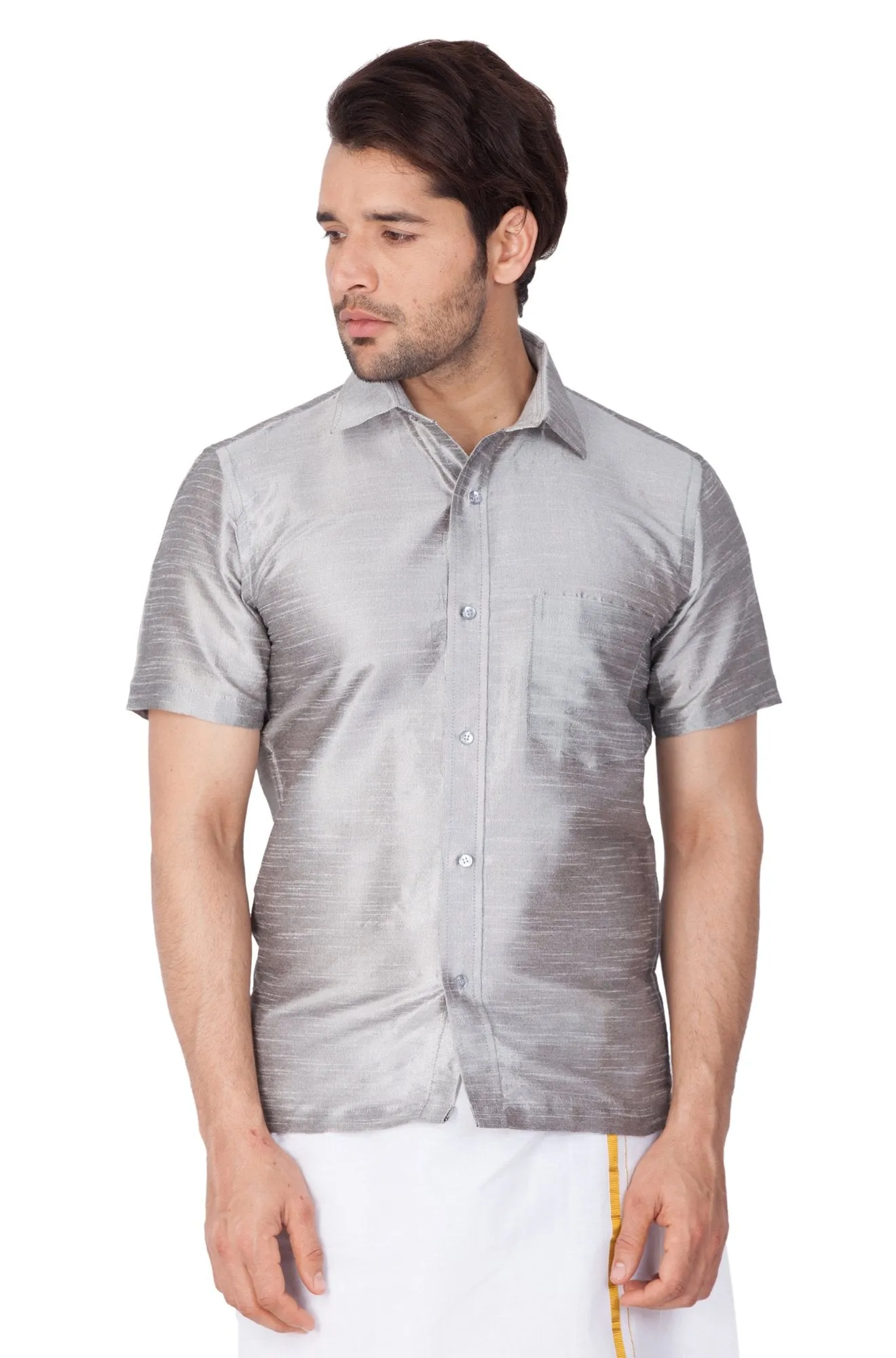 Men's Grey Cotton Silk Blend Ethnic Shirt - Vastramay