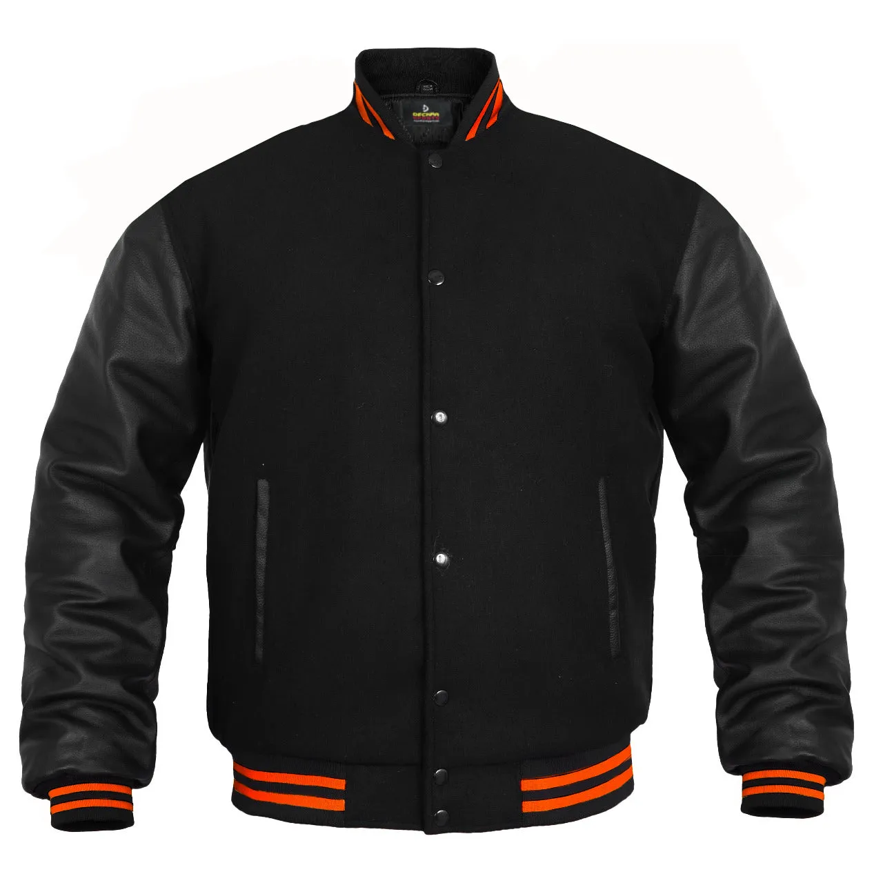 Men’s Varsity Jacket Faux Leather Sleeve and Wool Body All Black (orange trim)