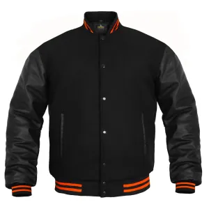 Men’s Varsity Jacket Faux Leather Sleeve and Wool Body All Black (orange trim)