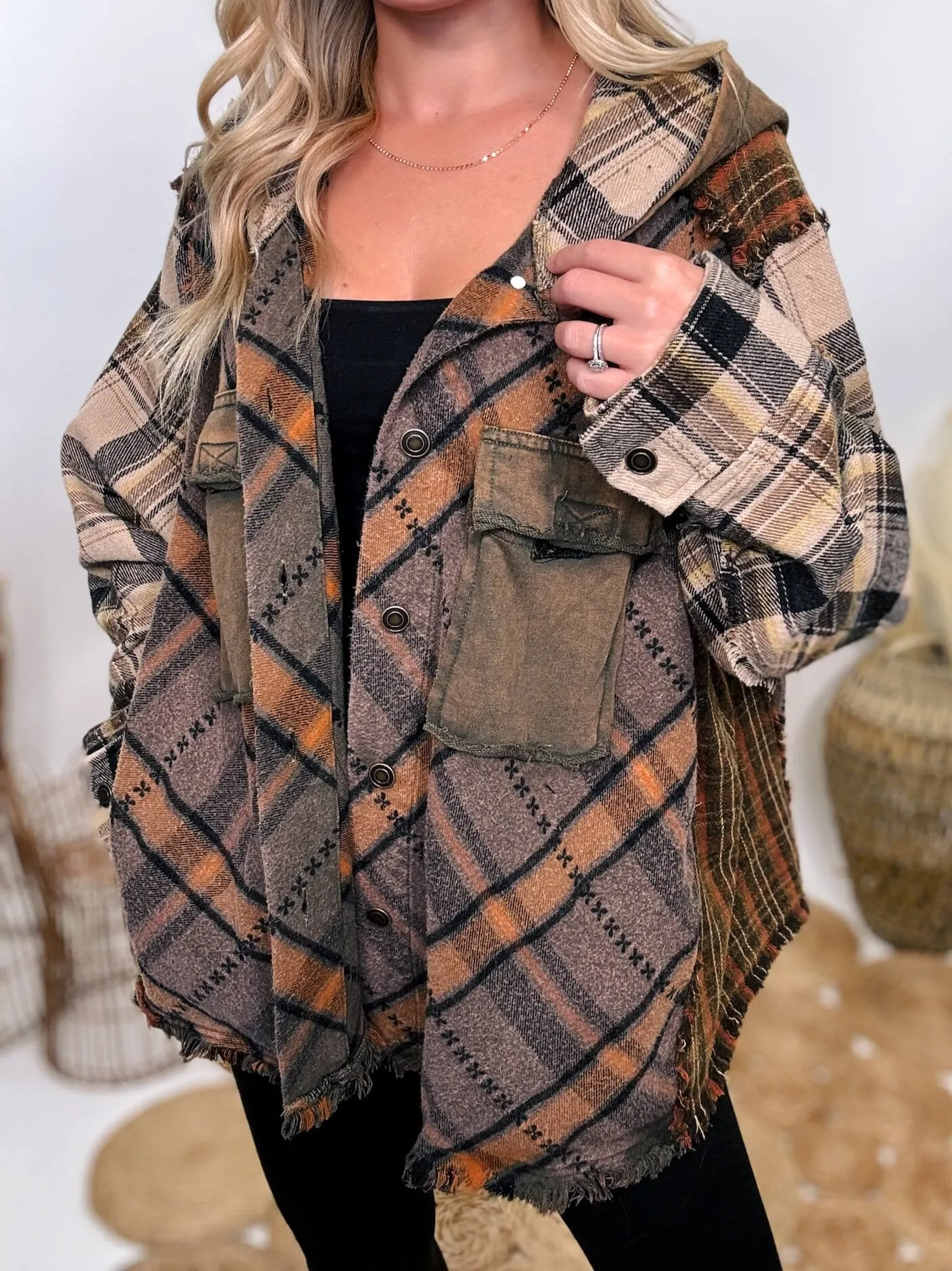 Mineral Washed Mixed Plaid Flannel Hoodie Jacket by Oli & Hali