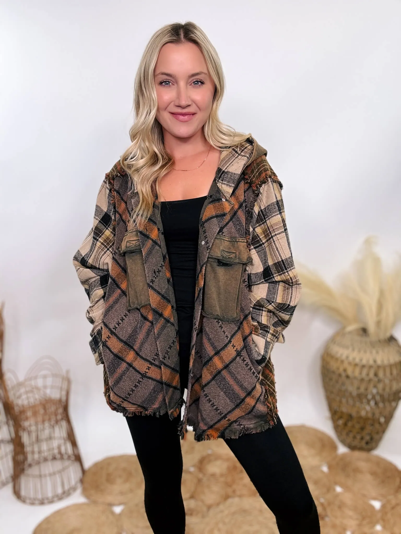 Mineral Washed Mixed Plaid Flannel Hoodie Jacket by Oli & Hali