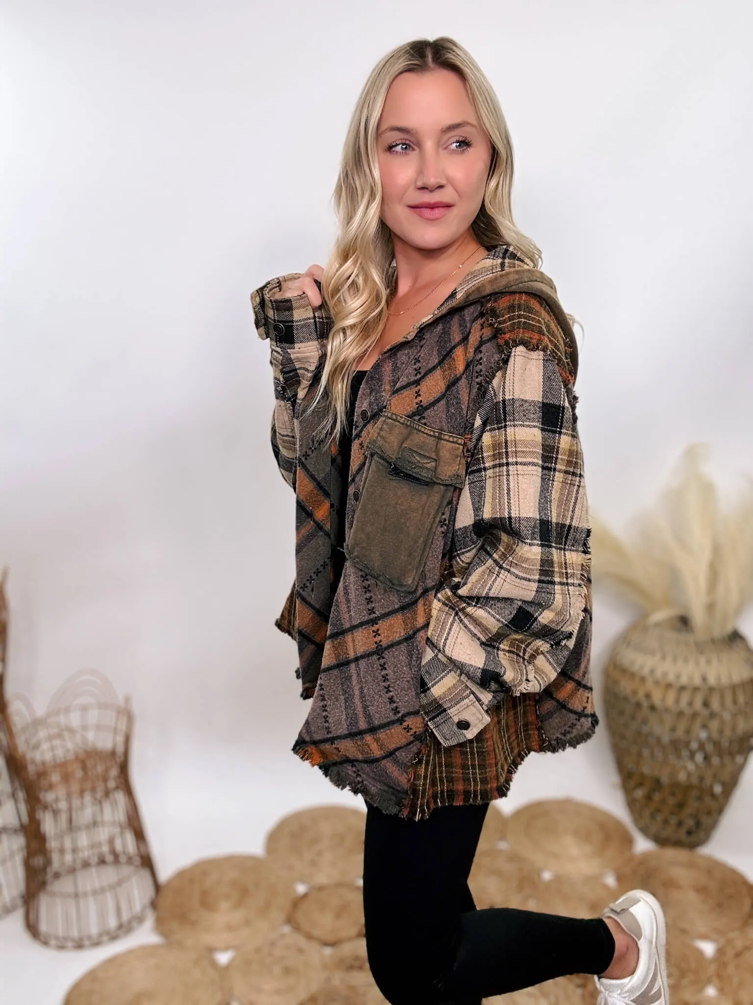 Mineral Washed Mixed Plaid Flannel Hoodie Jacket by Oli & Hali