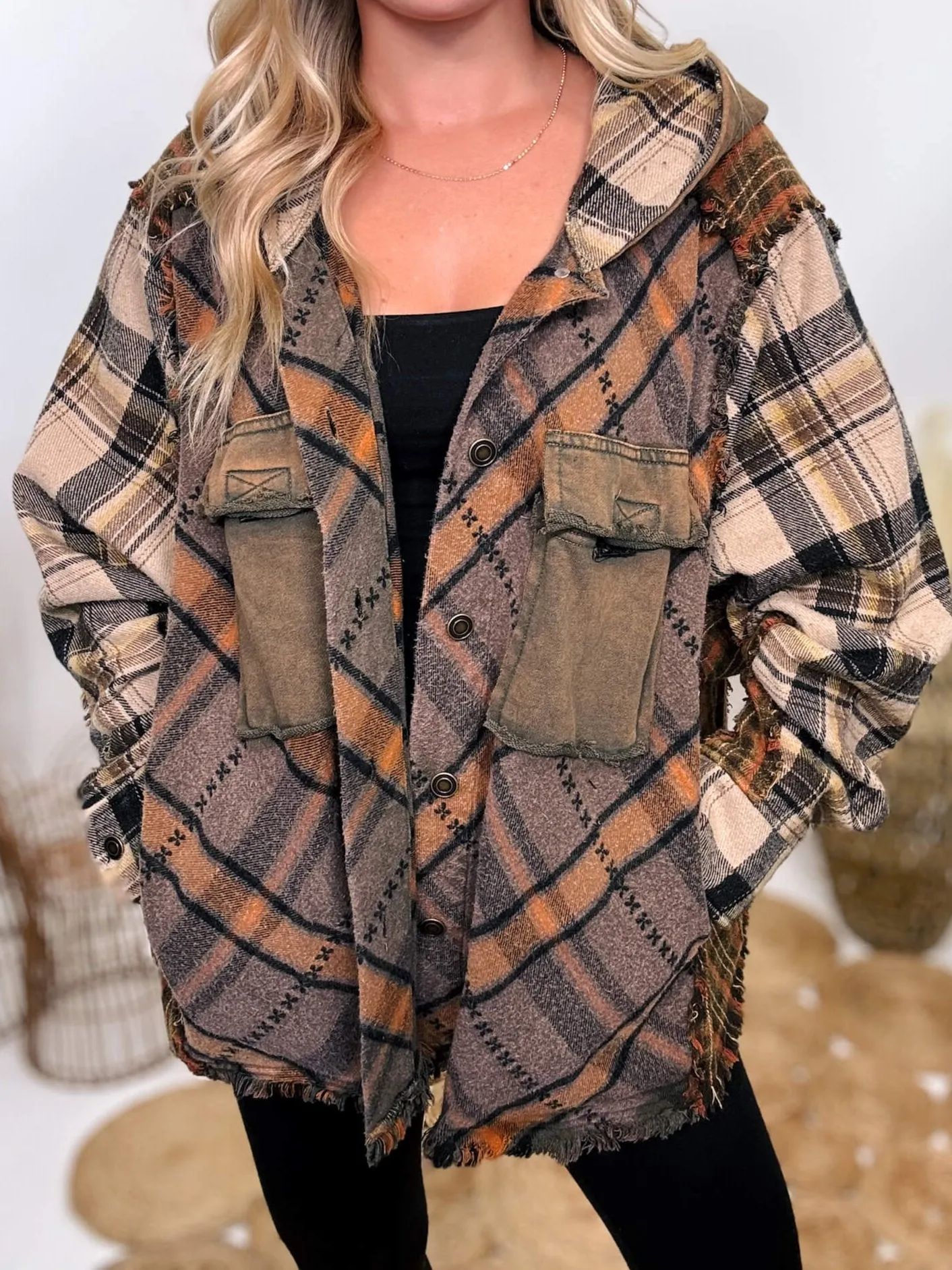 Mineral Washed Mixed Plaid Flannel Hoodie Jacket by Oli & Hali