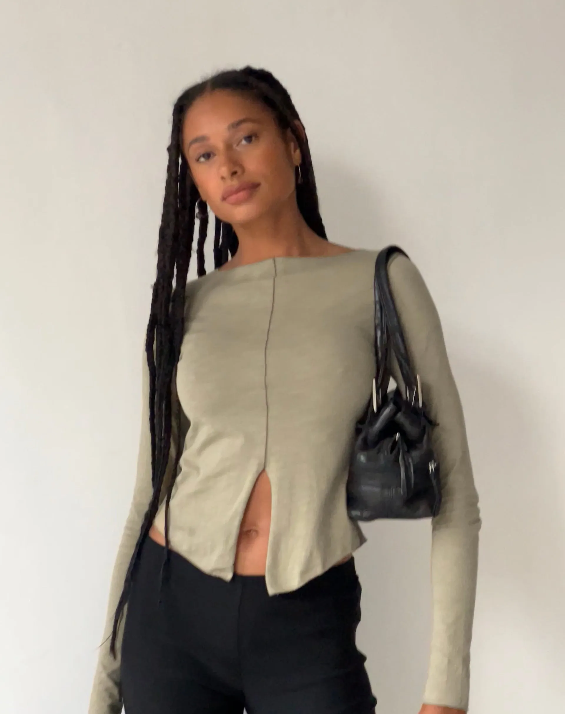 MOTEL X JACQUIE Fenrin Long Sleeve Butterfly Jersey Top in London Fog