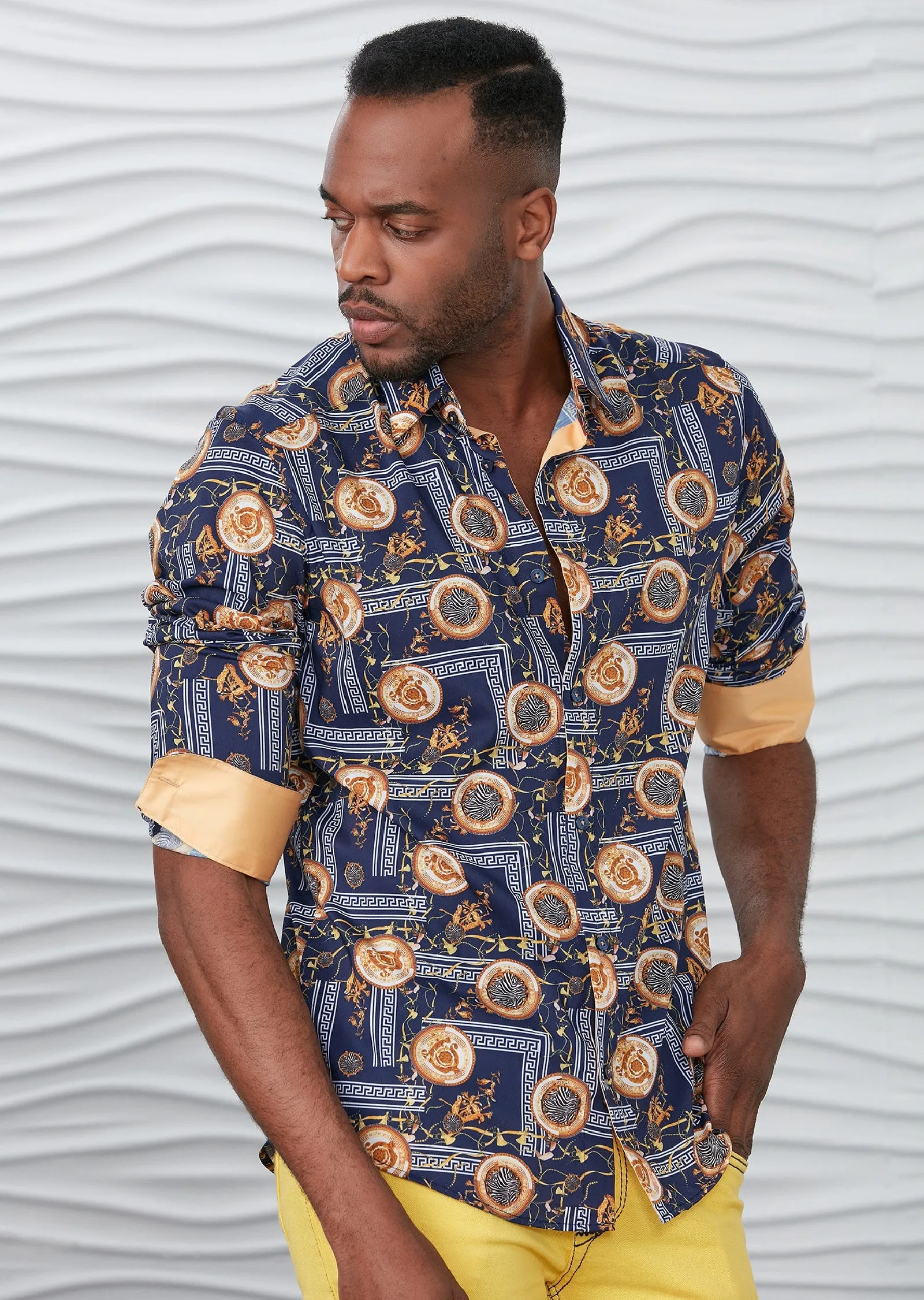 Navy Crest & Meander Silky Shirt